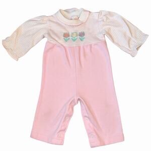 Vintage Healthtex Baby Girl Pink Coquette Jumpsuit Tulip Embroidery 6-9M